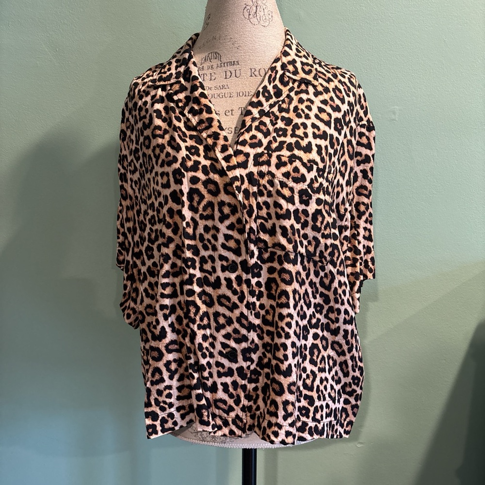 H&M Brown and Cream Boxy Blouse with Notched Collar